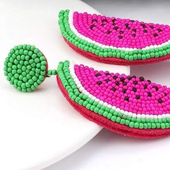 Long 3" Pink Watermelon Cute Fruit Slices Beaded Big Post Earrings New - Picture 4 of 6